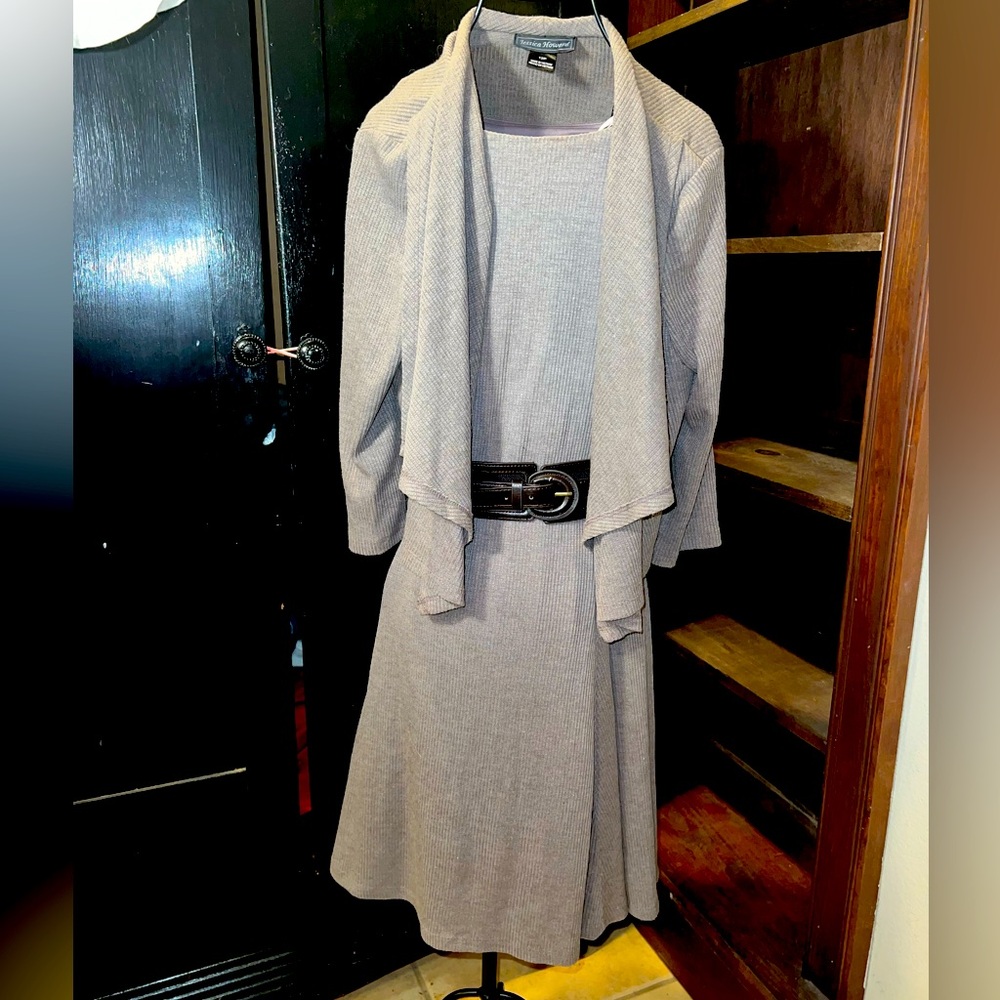 Light Brown/Gray Dress With Cardigan And Belt